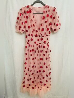 Retro Stage NWT Pink‎ Glitter Sparkle Strawberry Print Midi Dress